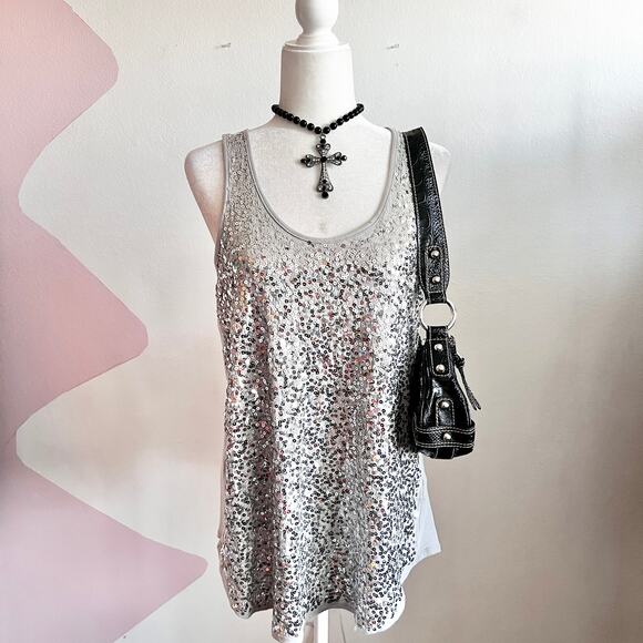 Vintage Silver Sequin Tank Top Y2K 2000s Retro‎ Indie Large - Picture 1 of 6
